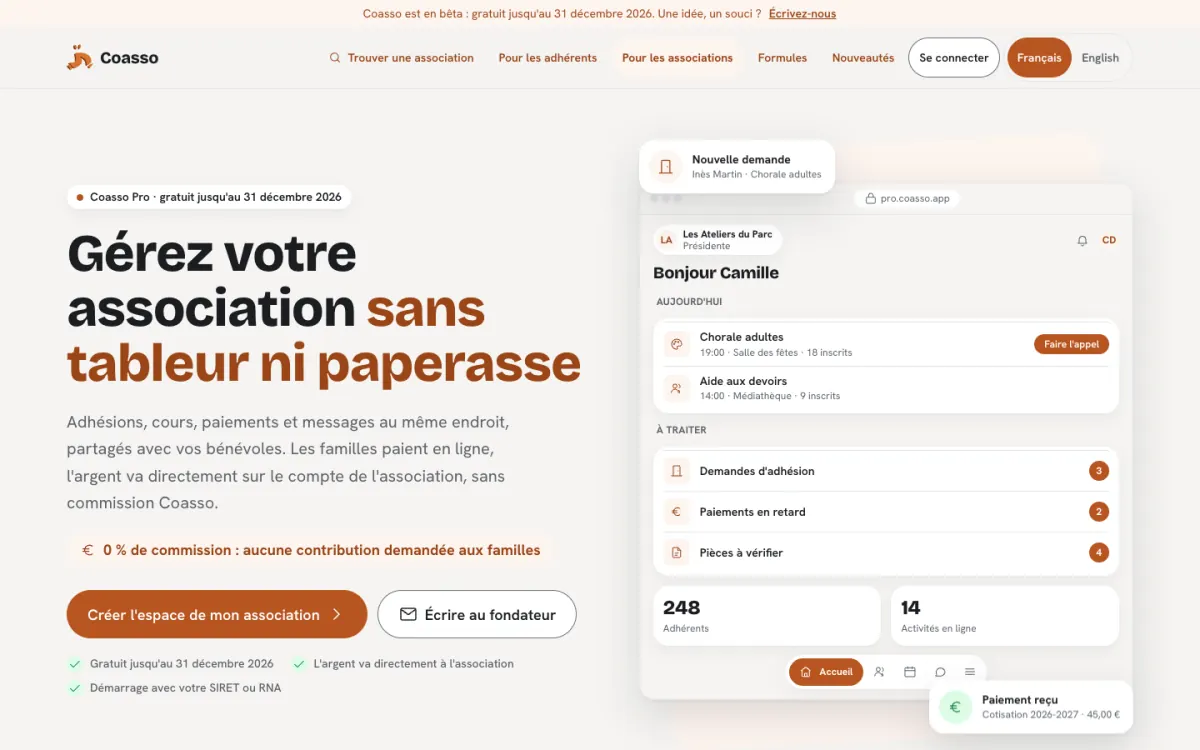 Page d'accueil de Coasso Pro